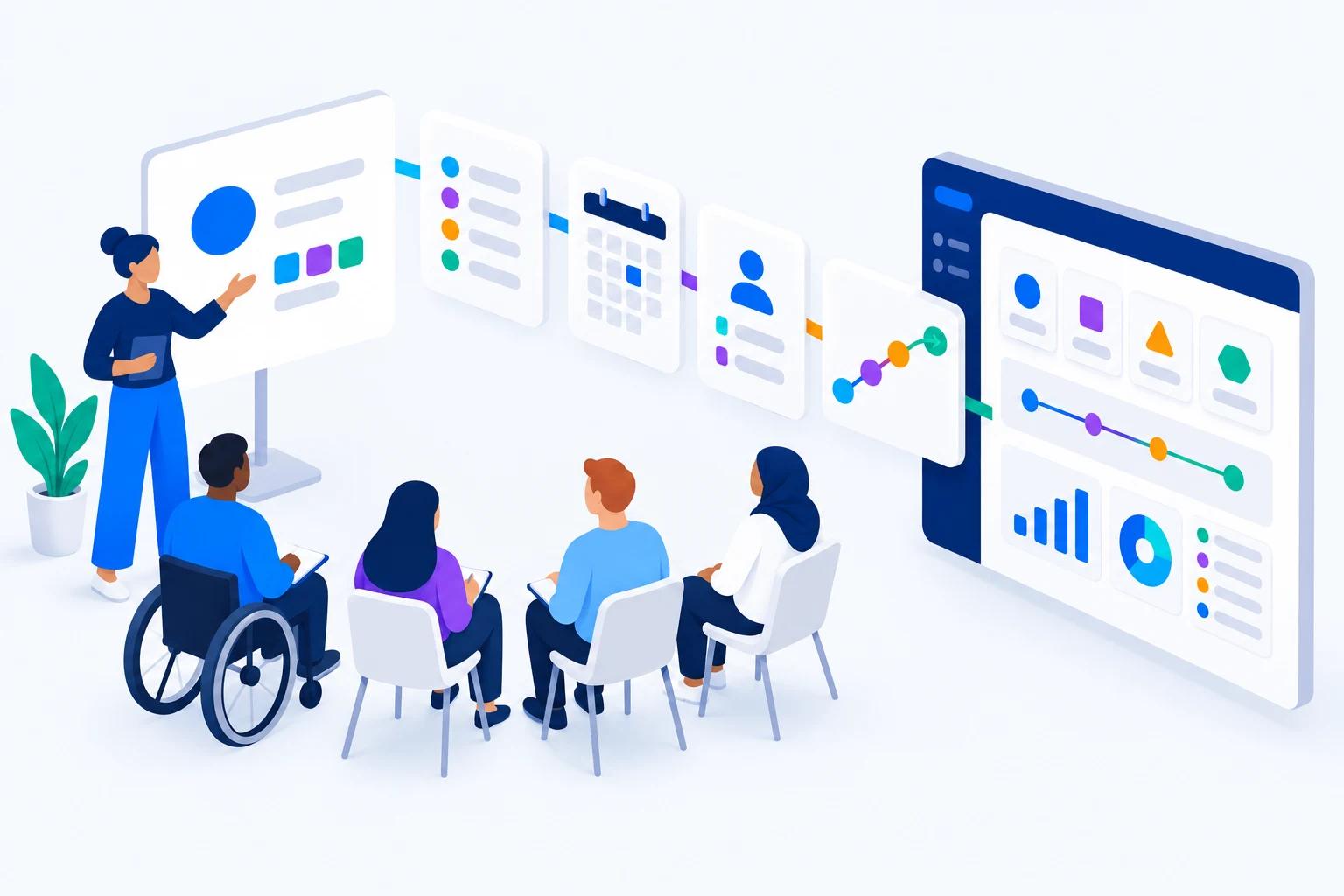 People, places and operational work connected to structured software and reporting.